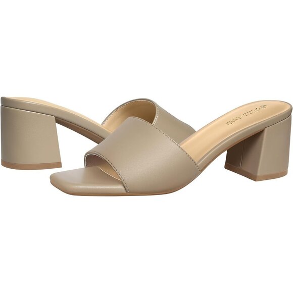 Women's Low Chunky Block Square Open Toe Tan Heeled Sandal Slip on Mules Shoes - Picture 4 of 7